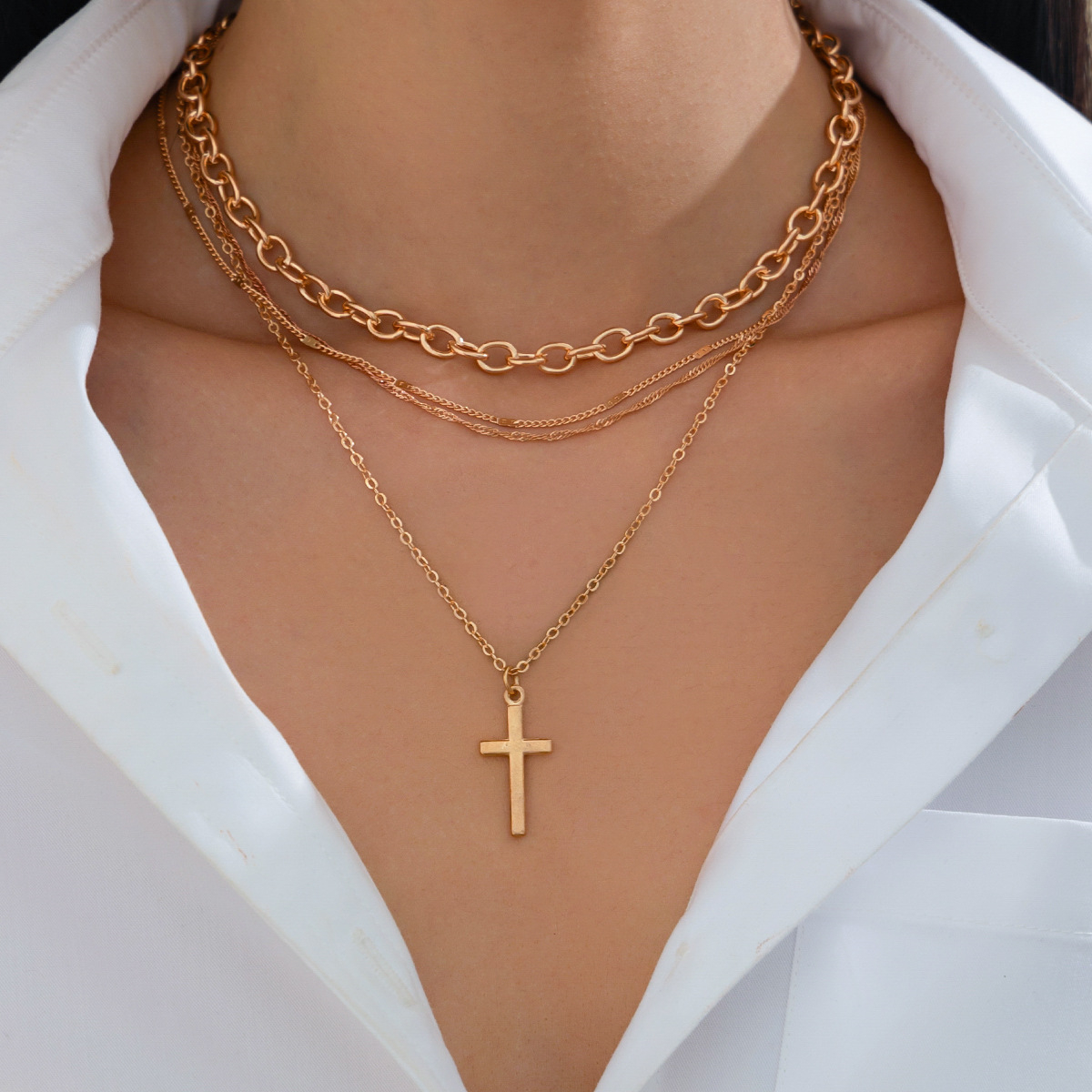 Multi-Layer Cross Necklace – Trendy Punk Street-Style Unisex Fashion Jewelry